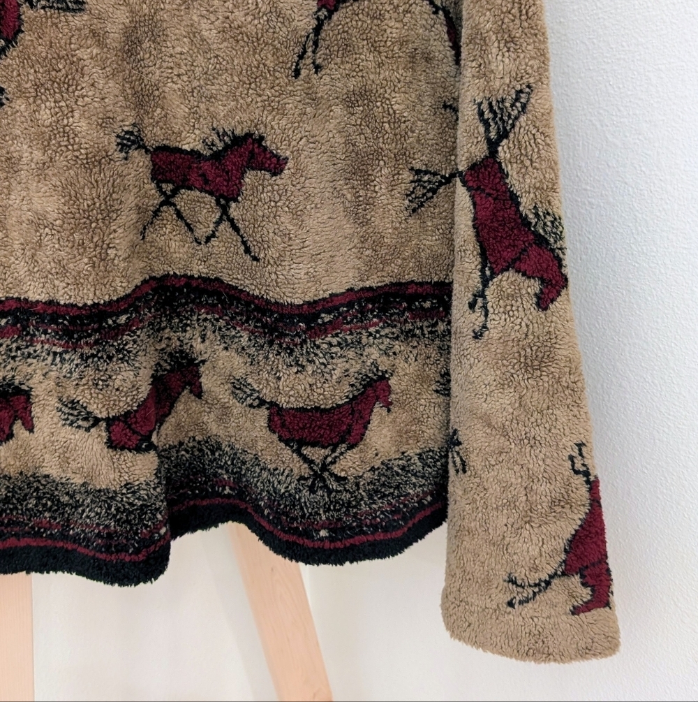 Vintage 90's Equestrian Collared Button Down Fleece Jacket In Tan/Black/Burgundy - Picture 8 of 11